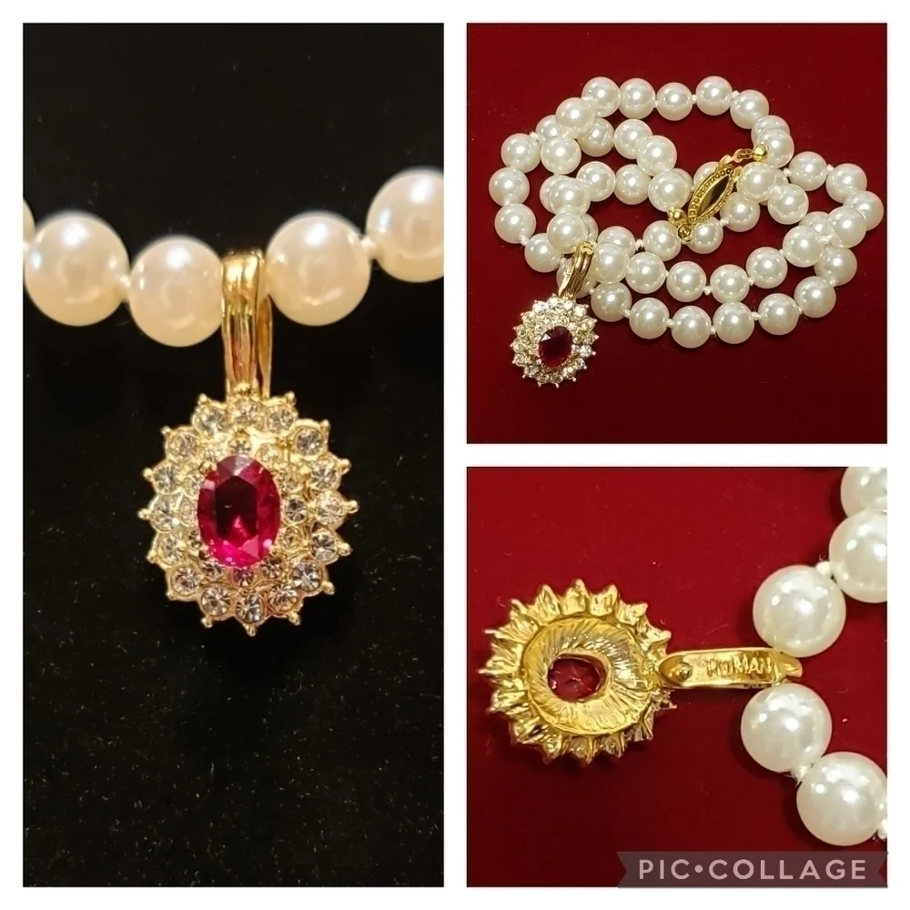 Vintage Roman Necklace Enhancer Pendant Faux Ruby & Pearls Lovely Pretty